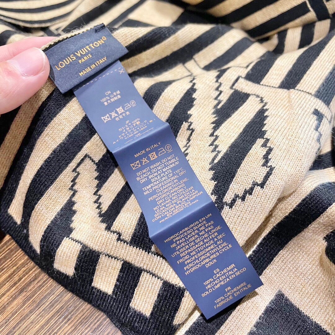 LV Unisex Scarf Scarf 180cm Black Beige Cashmere 968478