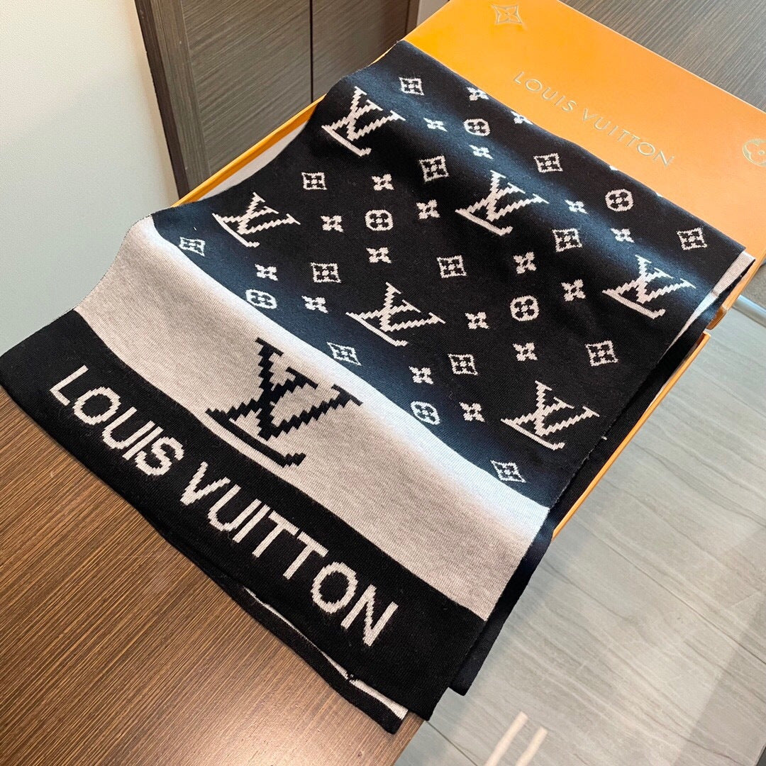 LV  25s Scarf 200cm Black Light Gray Cashmere 973132