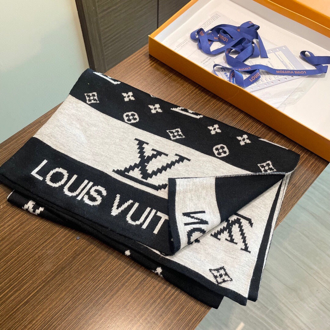 LV  25s Scarf 200cm Black Light Gray Cashmere 973132