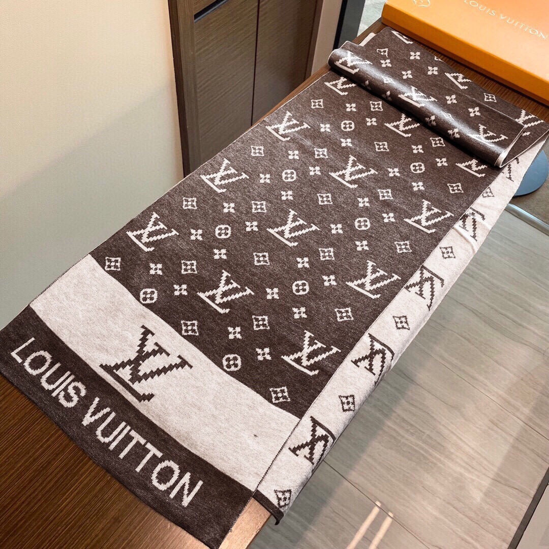 LV  25s Scarf 200cm Brown Light Gray Cashmere 973133