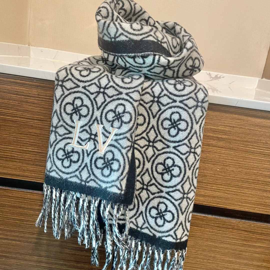 LV  25s Scarf 200cm Black White Woolen 973137
