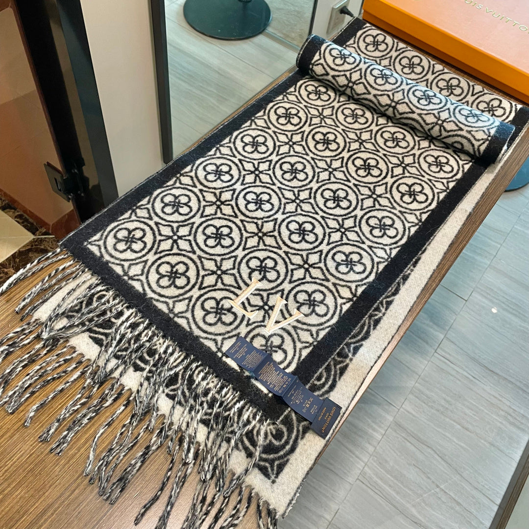 LV  25s Scarf 200cm Black White Woolen 973137