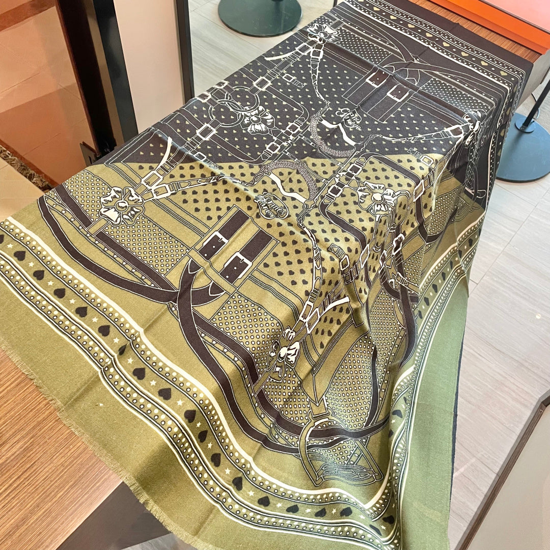 LV Long Scarf 200cm Green Black Cashmere 973163