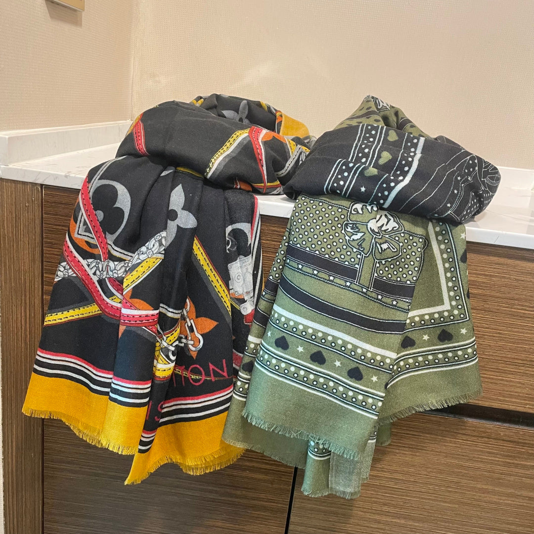 LV Long Scarf 200cm Green Black Cashmere 973163