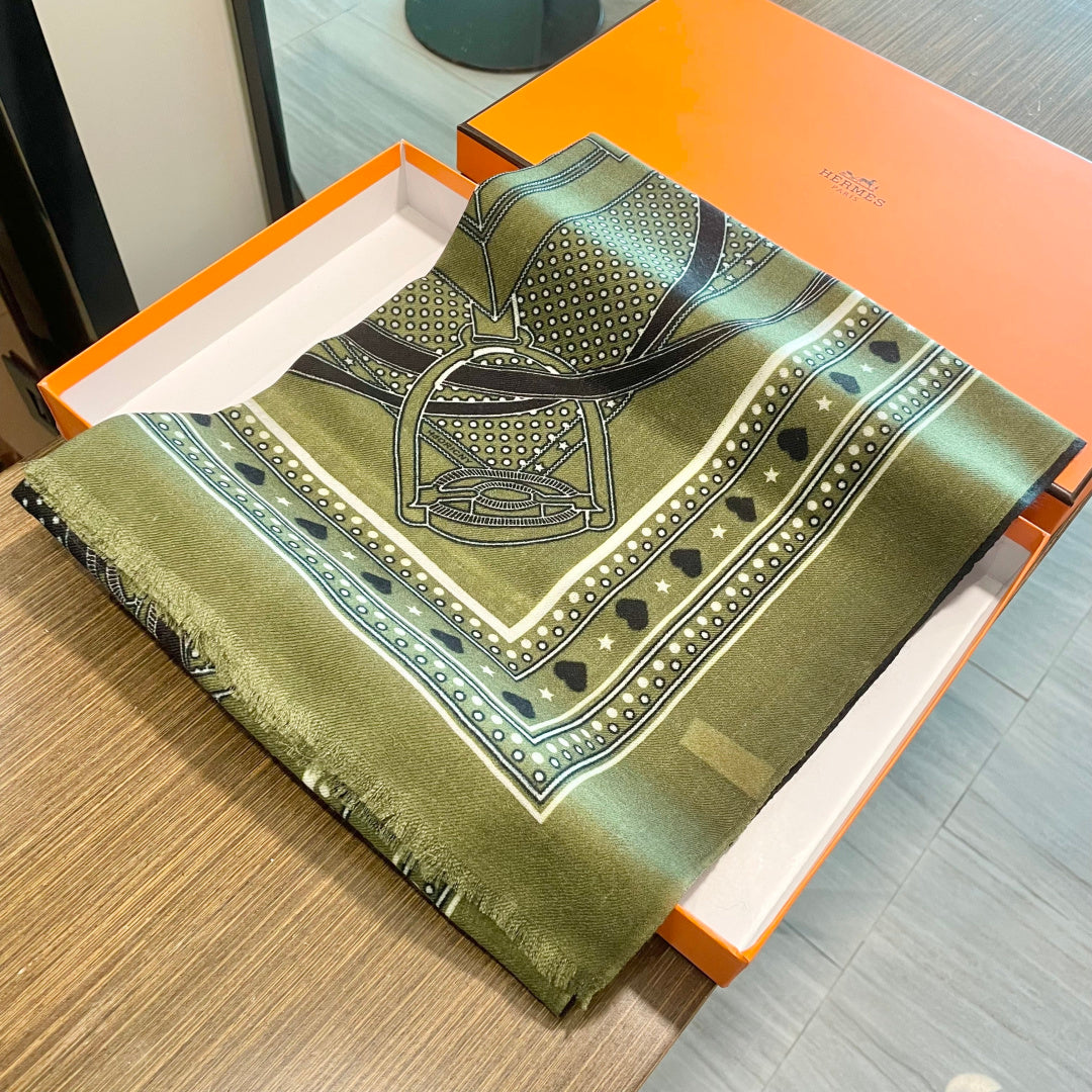 LV Long Scarf 200cm Green Black Cashmere 973163