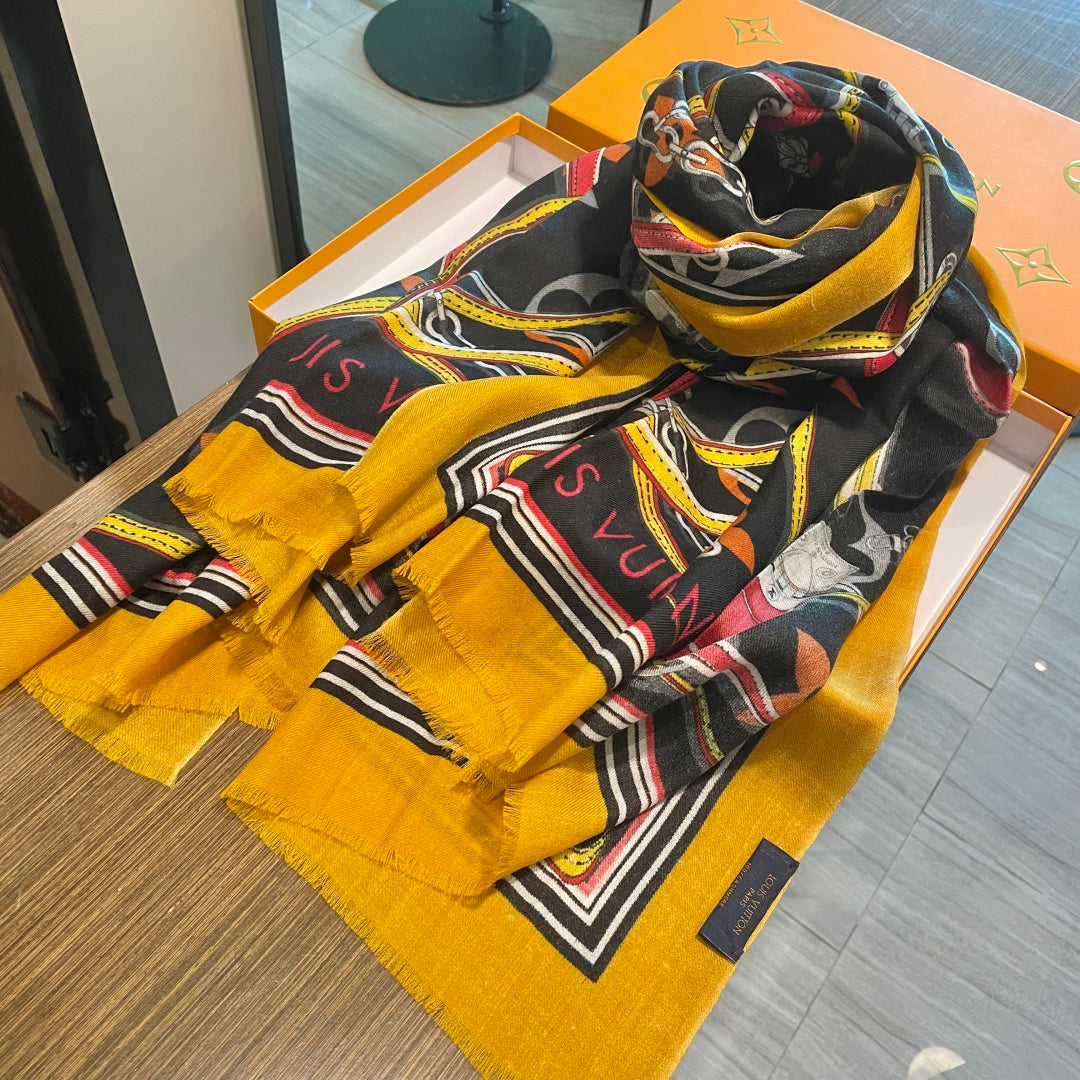LV Long Scarf 200cm Yellow Black Cashmere 973164