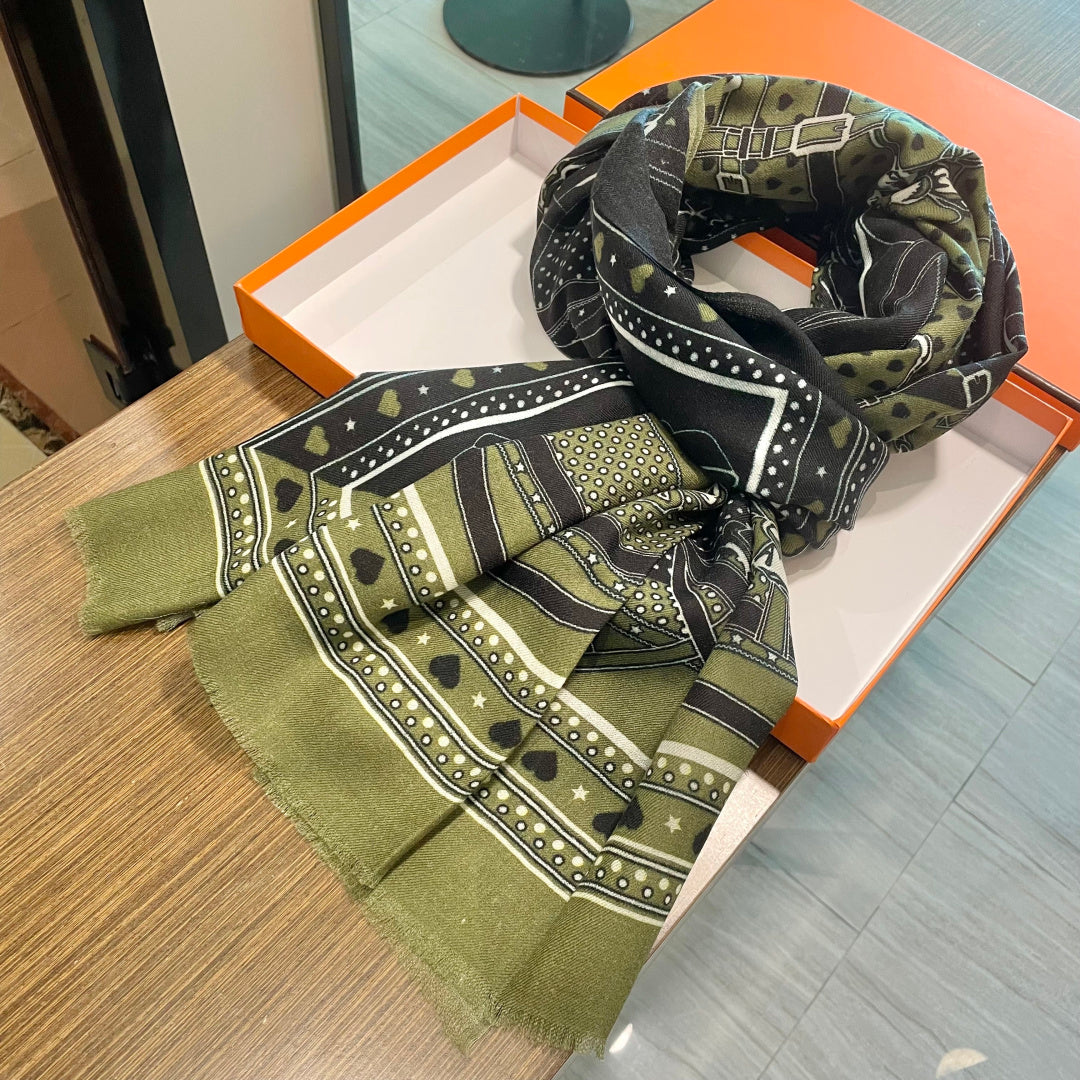 LV Long Scarf 200cm Green Black Cashmere 973163