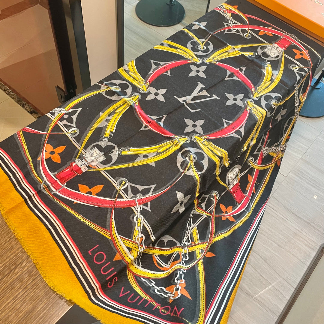 LV Long Scarf 200cm Yellow Black Cashmere 973164