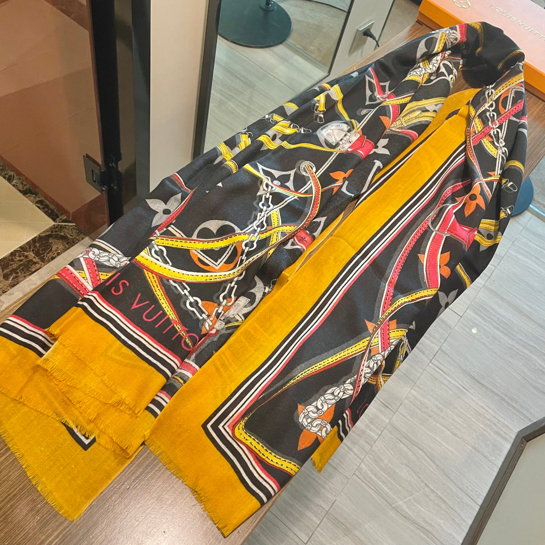LV Long Scarf 200cm Yellow Black Cashmere 973164