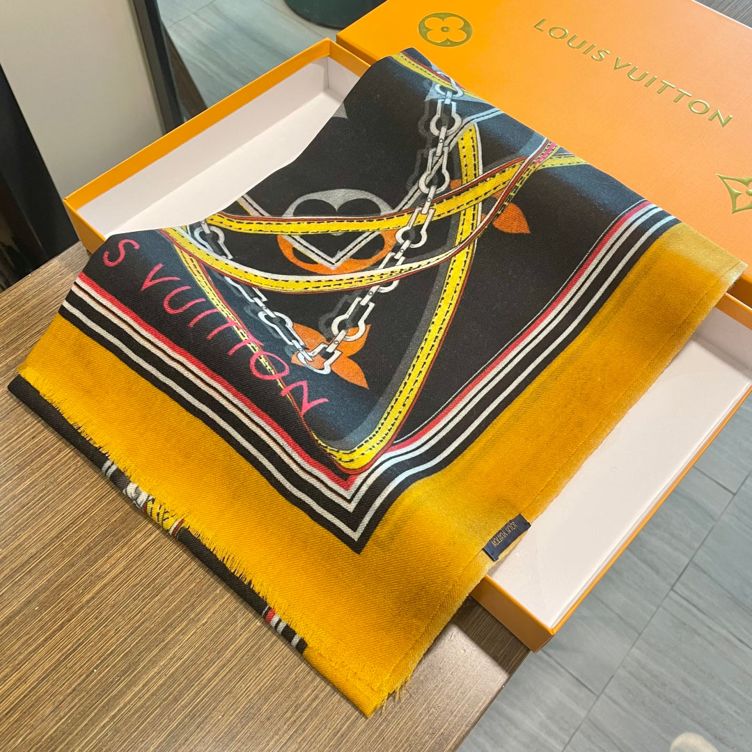 LV Long Scarf 200cm Yellow Black Cashmere 973164