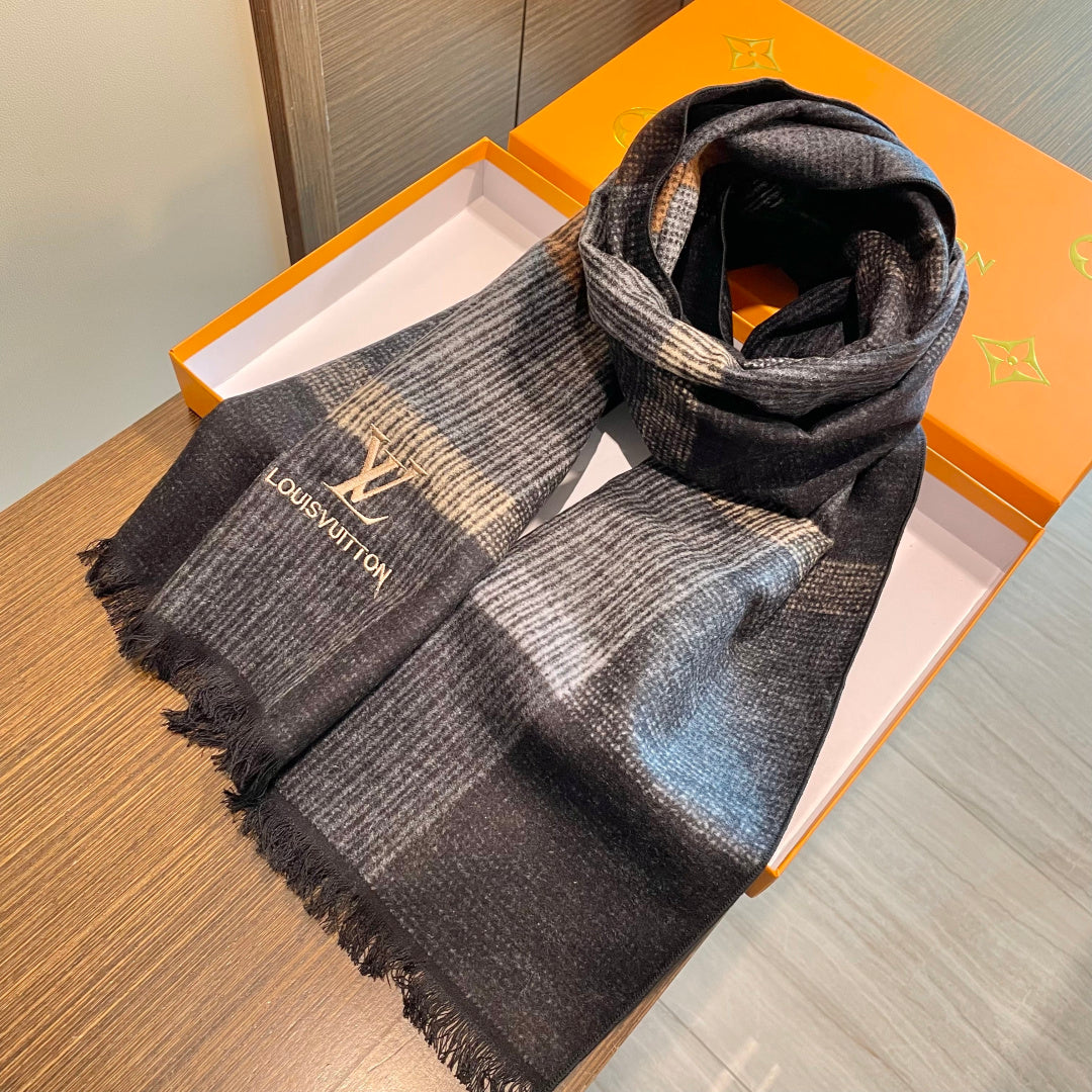 LV Scarf 180cm Black Gray Wool Cashmere 976830