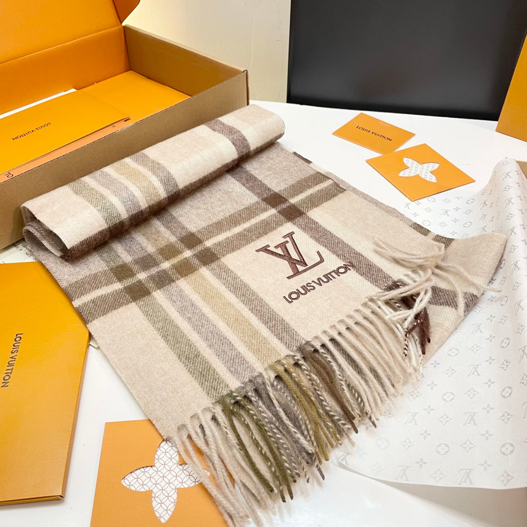LV Scarf 180cm Beige Brown Wool Cashmere 976836