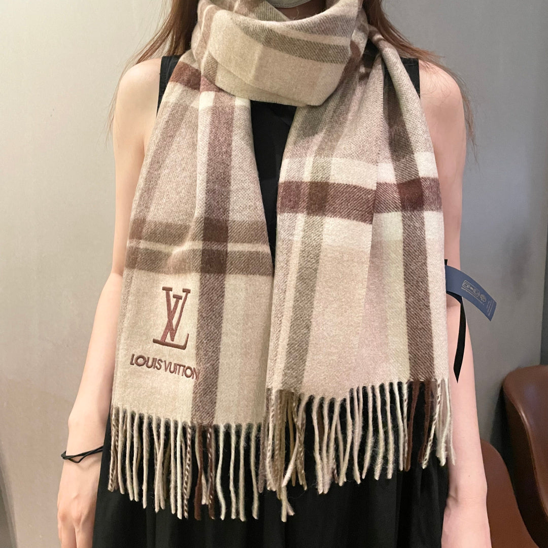 LV Scarf 180cm Beige Brown Wool Cashmere 976836