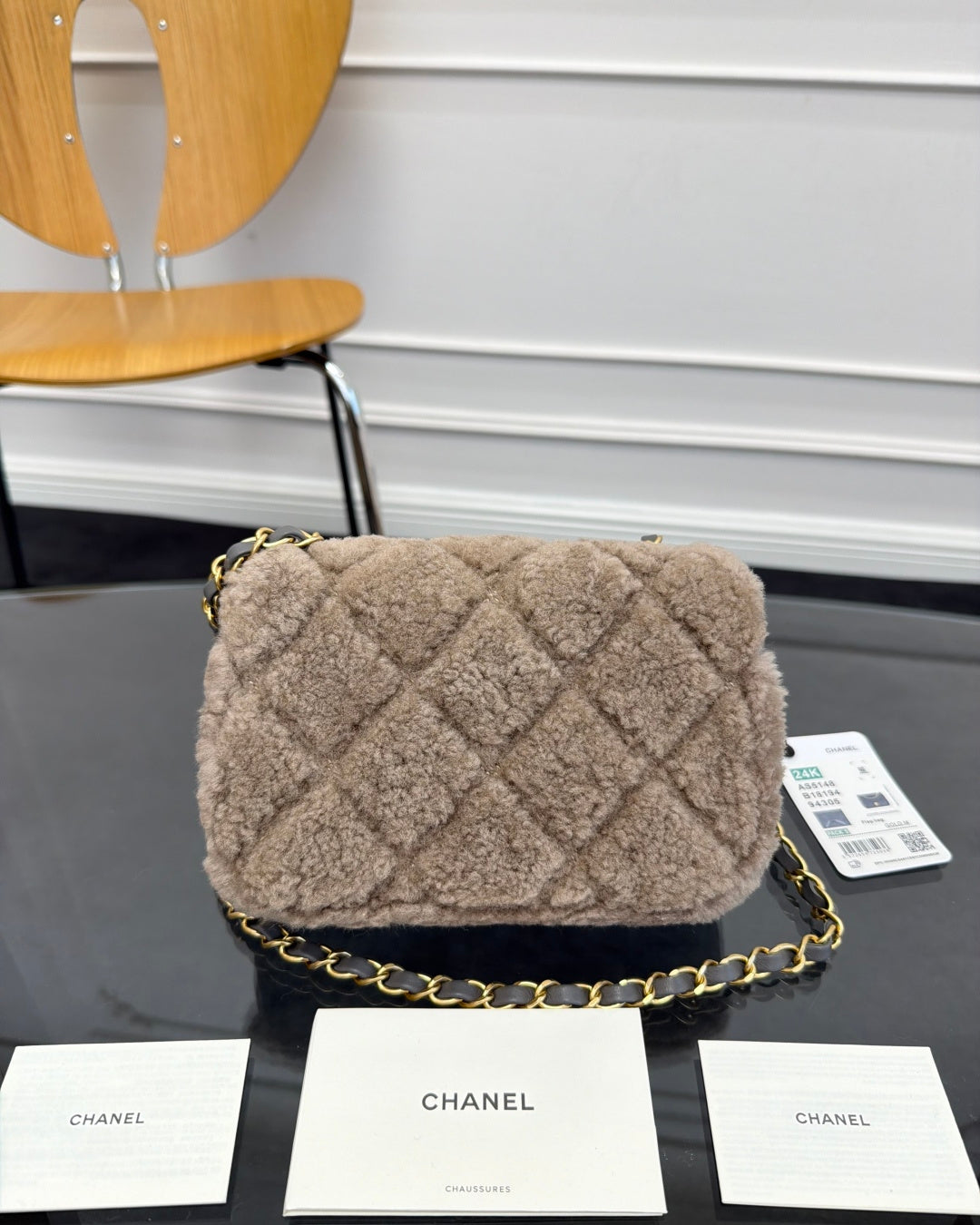 Chane 2026 Flap Bag Grey Beige Shearling Leather