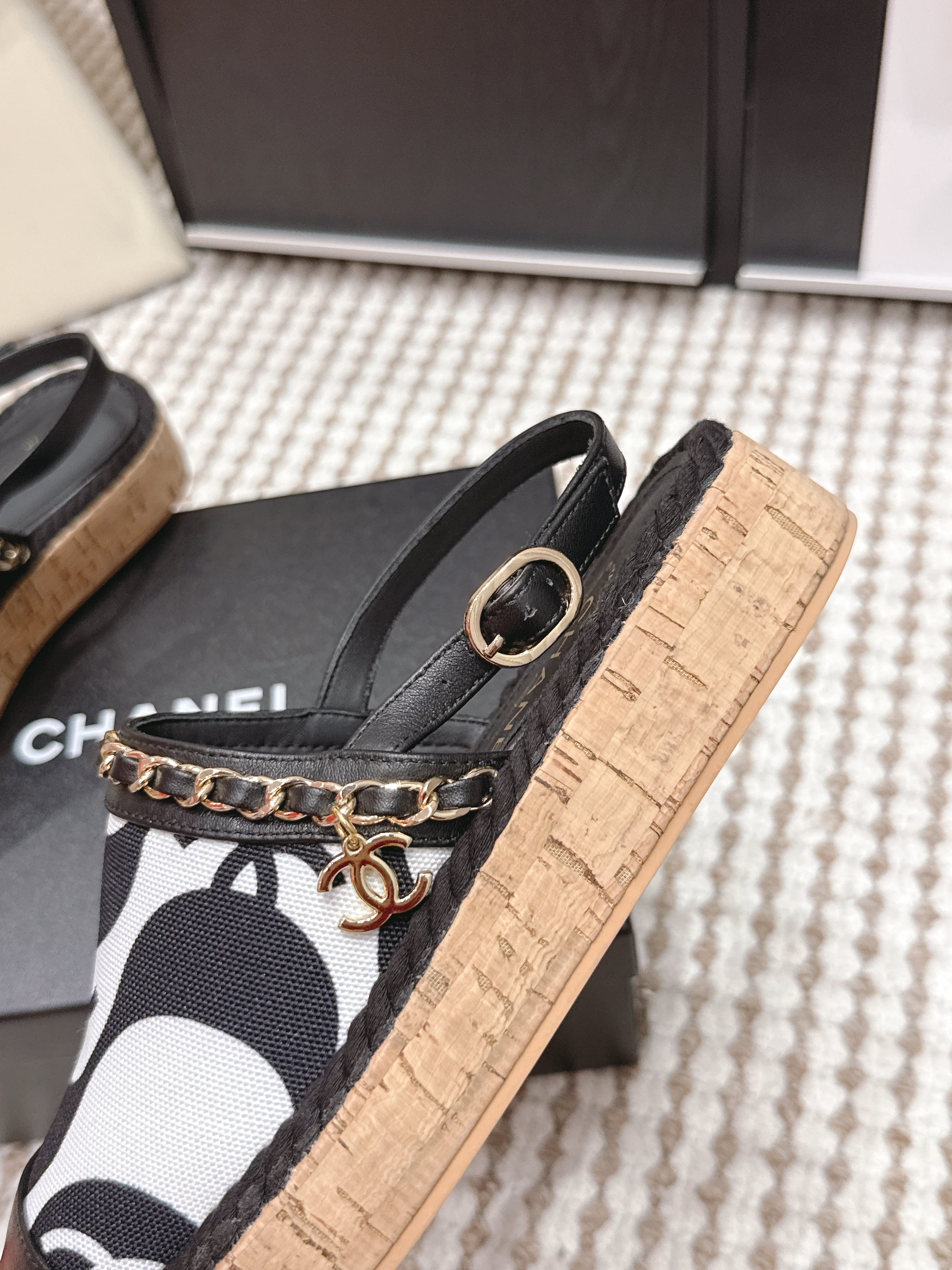 CC 26s Rope-Soled Sandals Black White Canvas Leather 652562