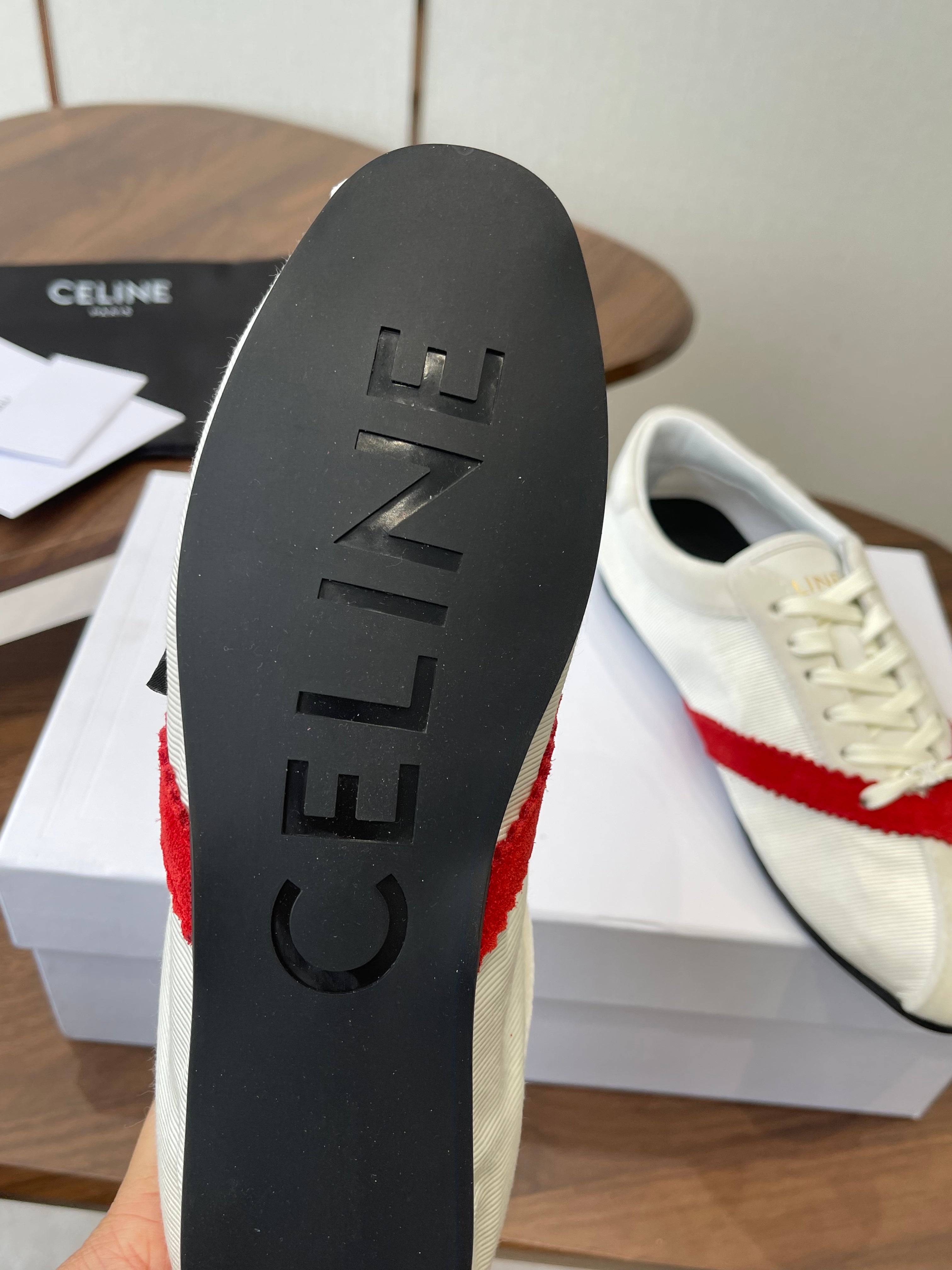 Celine 26 Flat Sneaker White Red Canvas Suede 624716