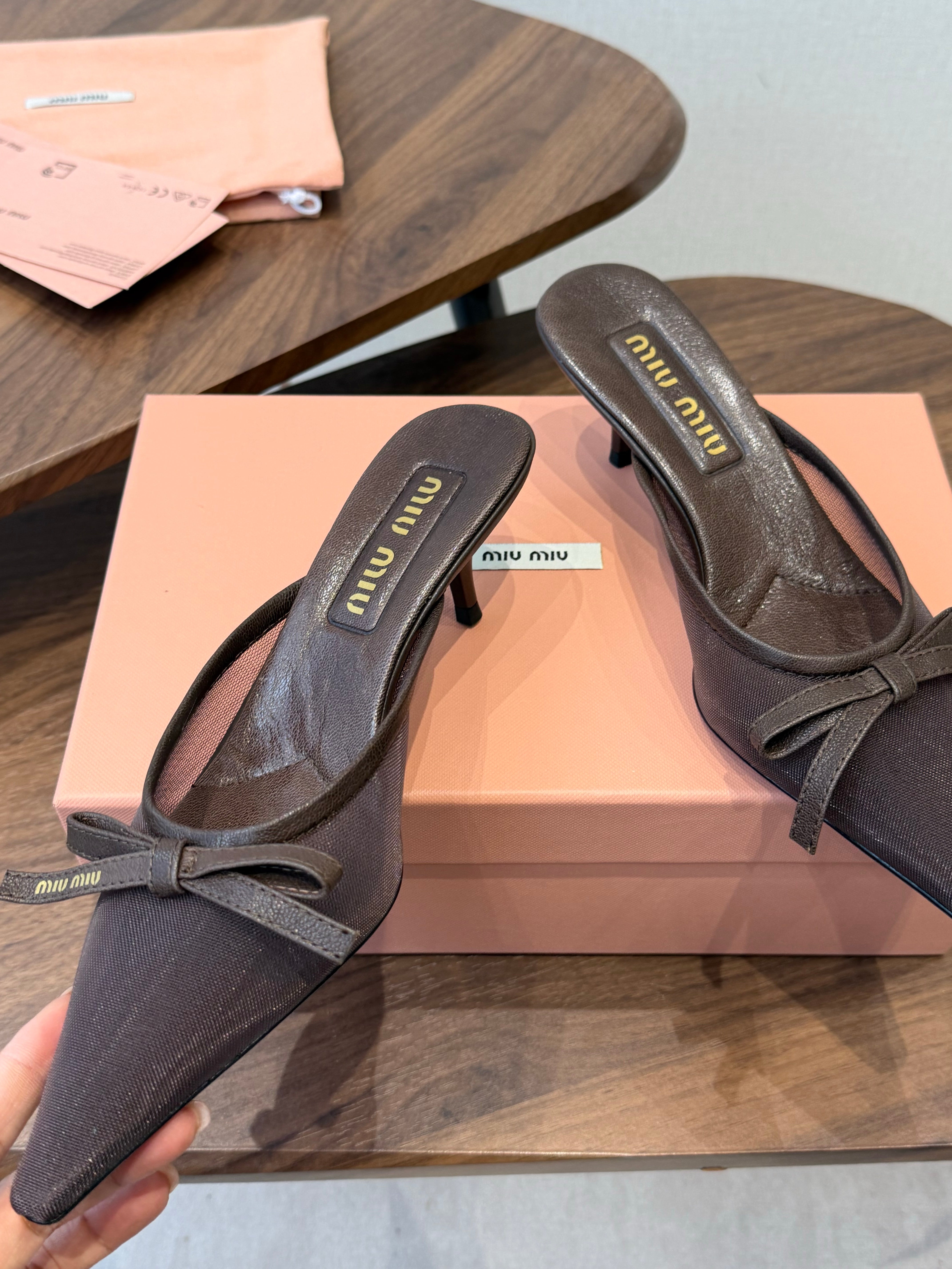 Miu Miu 2026 High-heeled Mule 55mm Brown Mesh Leather 790458