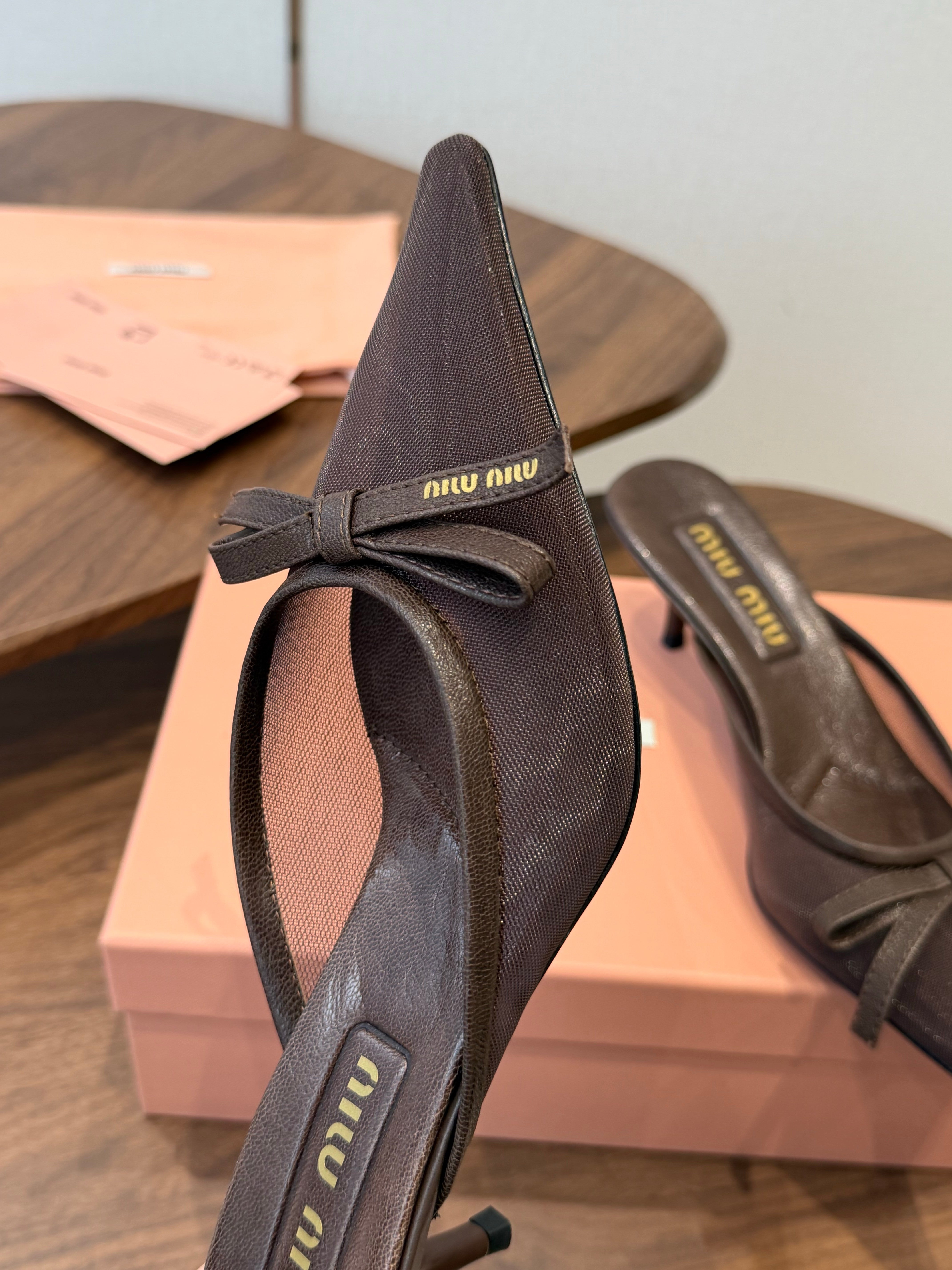 Miu Miu 2026 High-heeled Mule 55mm Brown Mesh Leather 790458