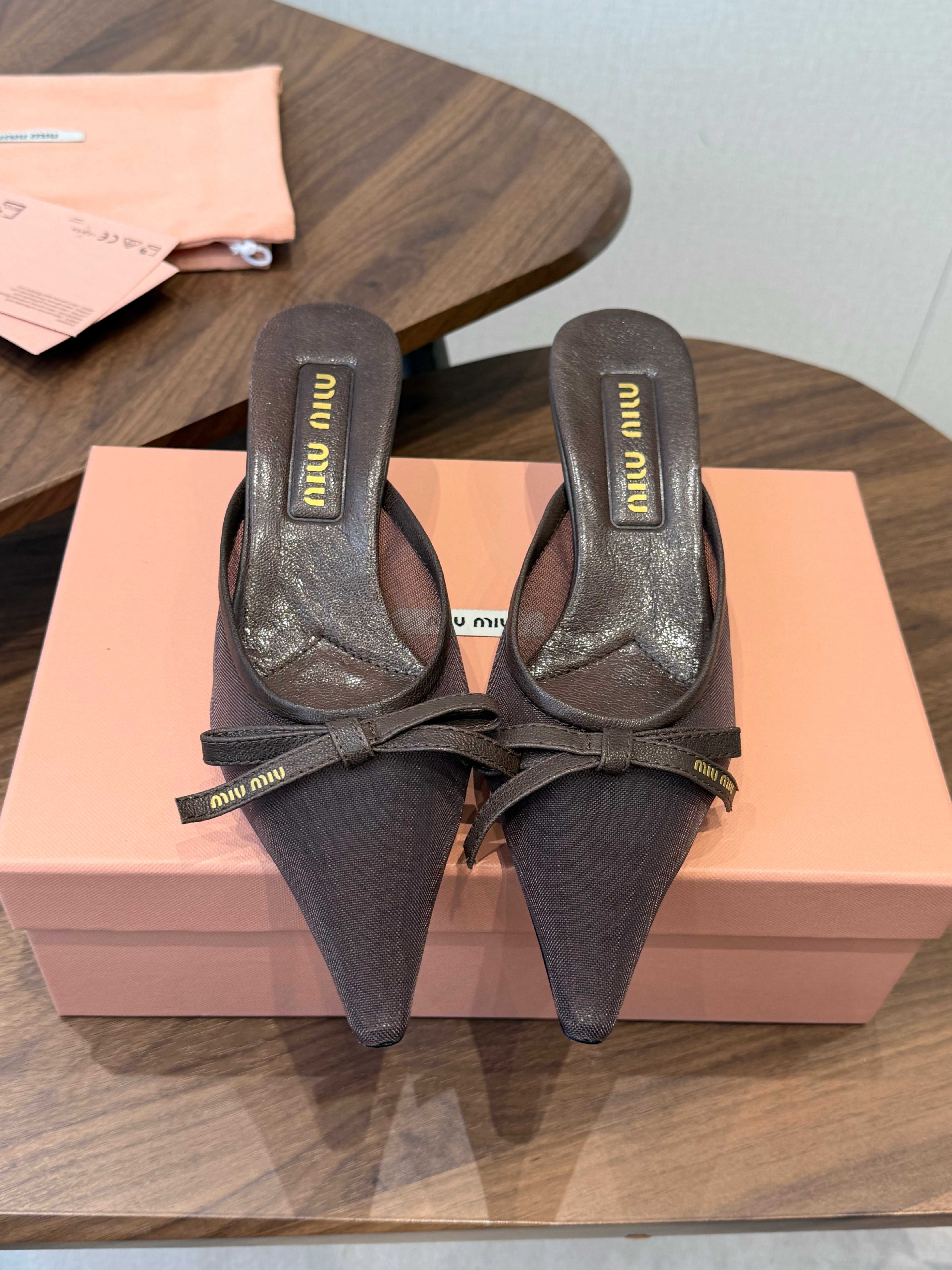 Miu Miu 2026 High-heeled Mule 55mm Brown Mesh Leather 790458