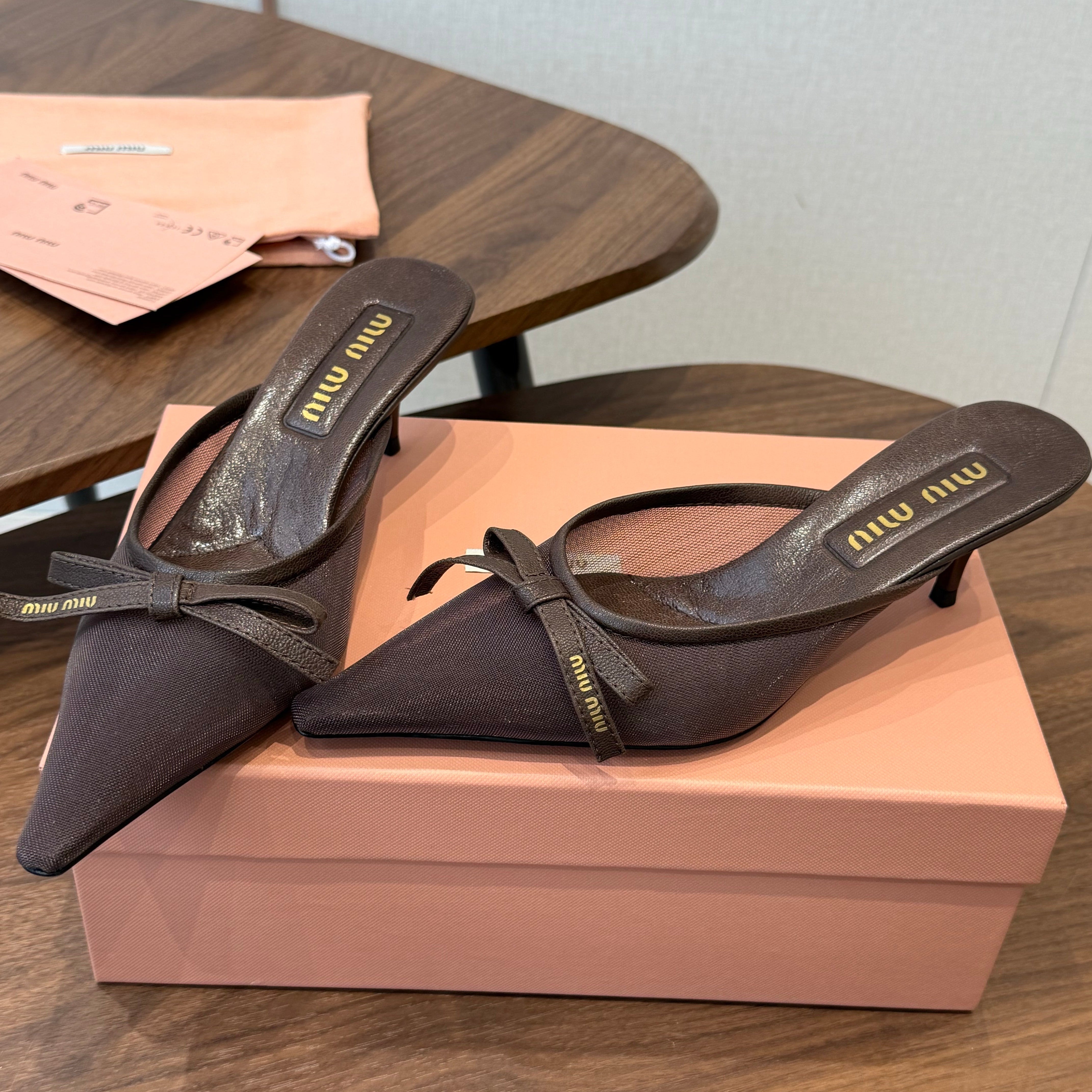 Miu Miu 2026 High-heeled Mule 55mm Brown Mesh Leather 790458