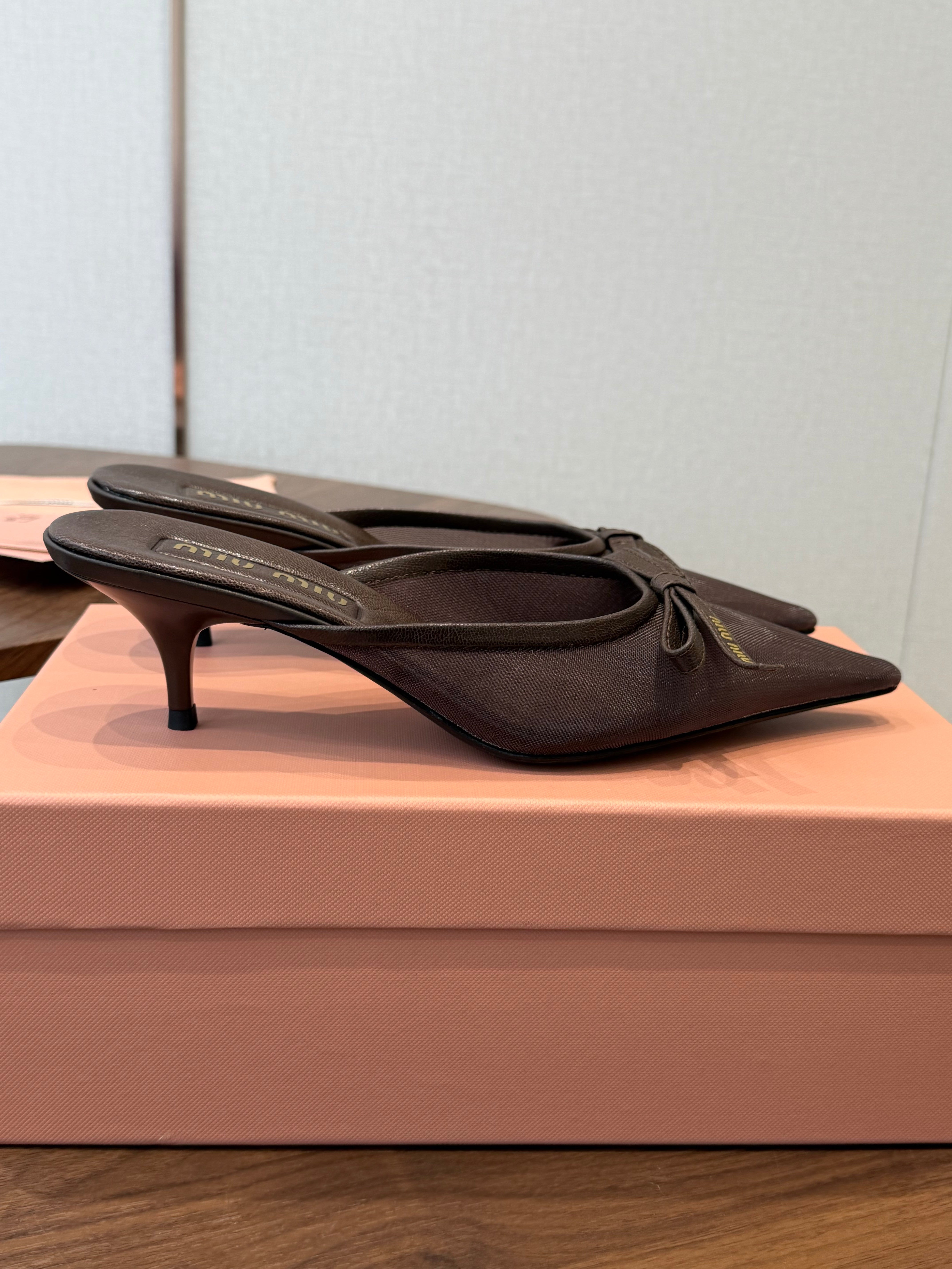 Miu Miu 2026 High-heeled Mule 55mm Brown Mesh Leather 790458