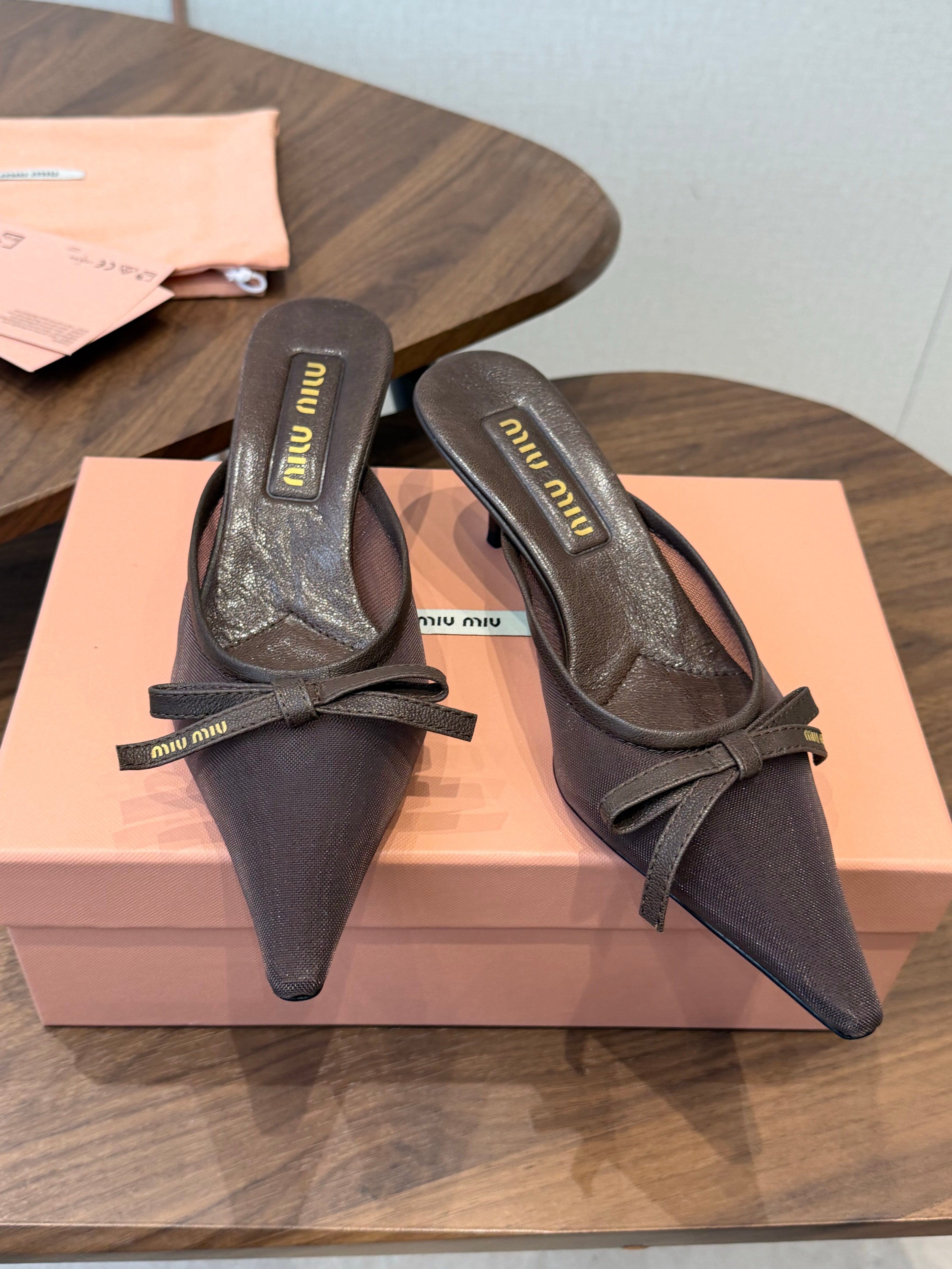 Miu Miu 2026 High-heeled Mule 55mm Brown Mesh Leather 790458