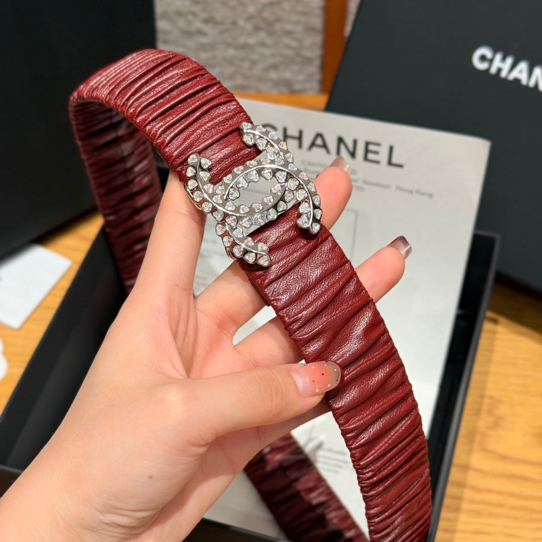 CC Elastic Waist Belt 3.0CM Red Brown Leather Sliver Diamond Buckle 195947