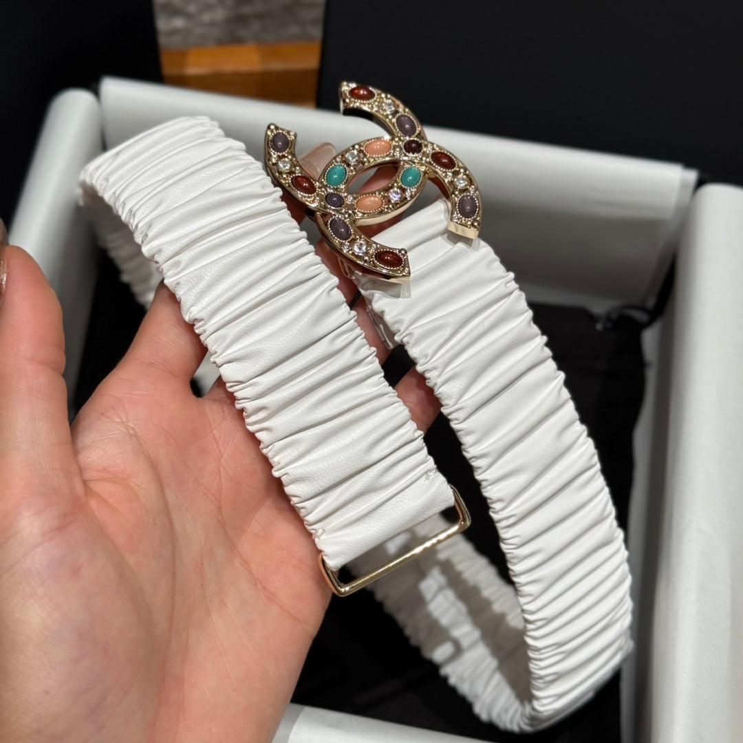 CC Rhinestone Belt 3.0CM White Cowhide Multicolor Buckle 198409