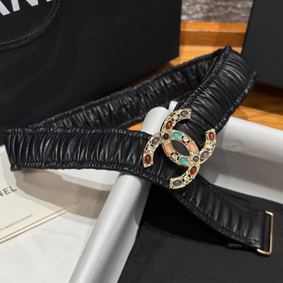 CC Rhinestone Belt 3.0CM Black Cowhide Multicolor Buckle 198413