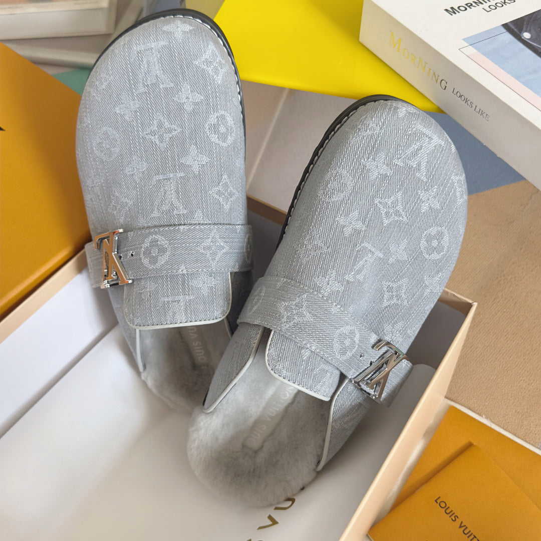 LV 25 Birkenstock Platform Slippers Light Gray Denim Wool 576212