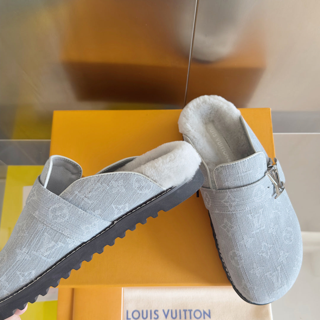 LV 25 Birkenstock Platform Slippers Light Gray Denim Wool 576212