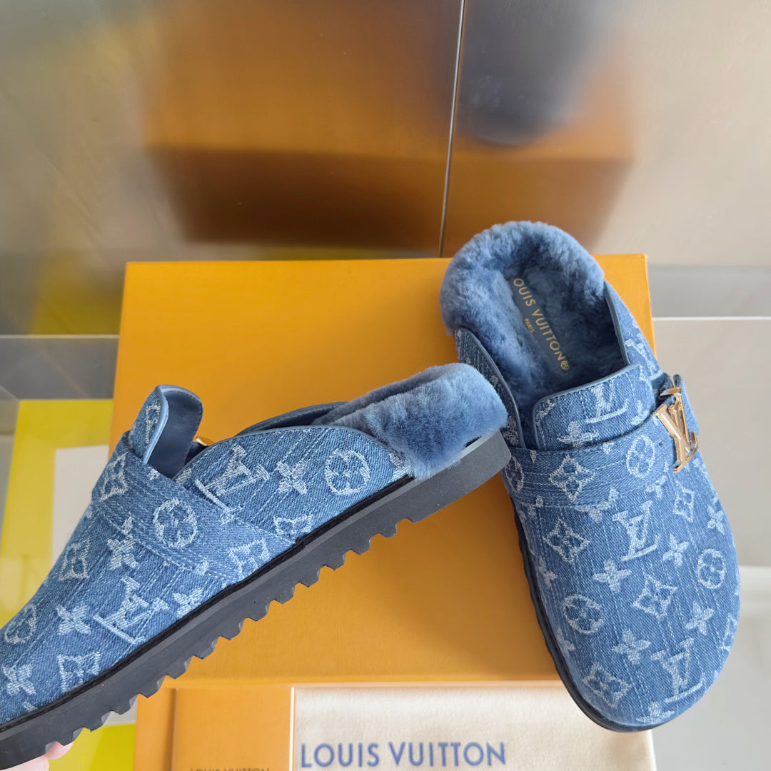 LV 25 Birkenstock Platform Slippers Blue Denim Wool 576213