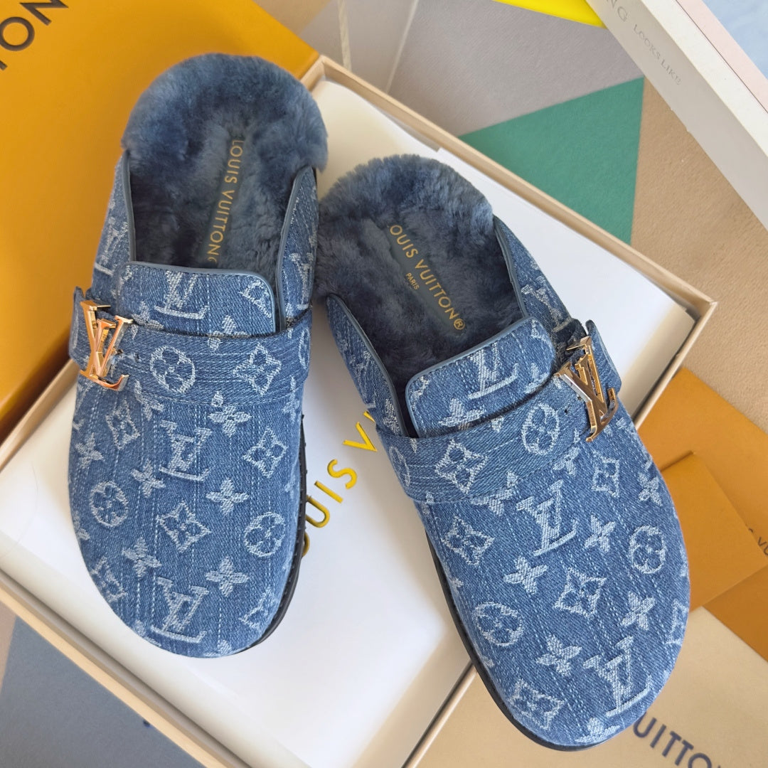 LV 25 Birkenstock Platform Slippers Blue Denim Wool 576213