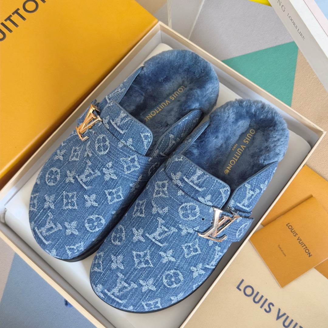 LV 25 Birkenstock Platform Slippers Blue Denim Wool 576213