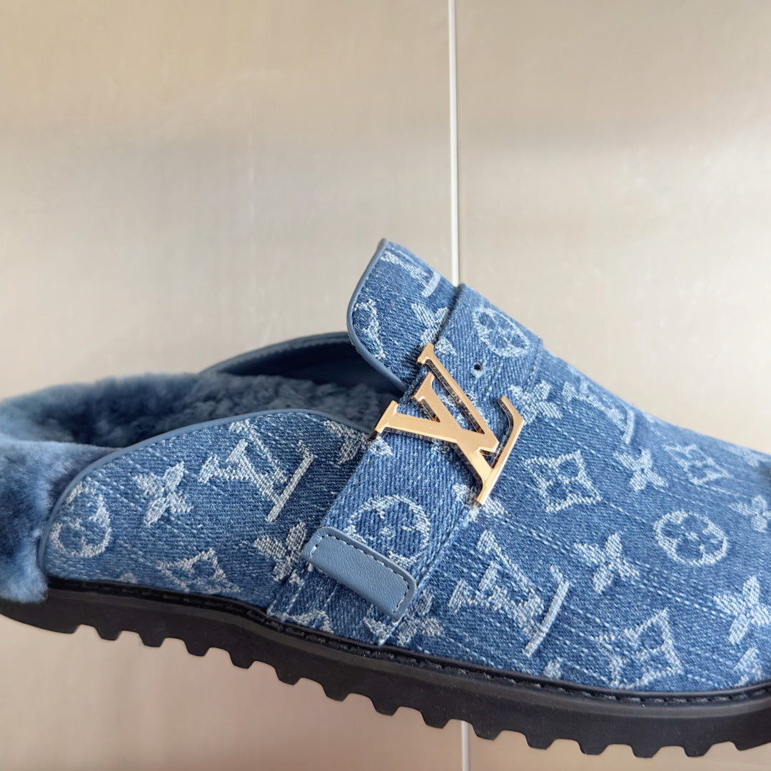 LV 25 Birkenstock Platform Slippers Blue Denim Wool 576213
