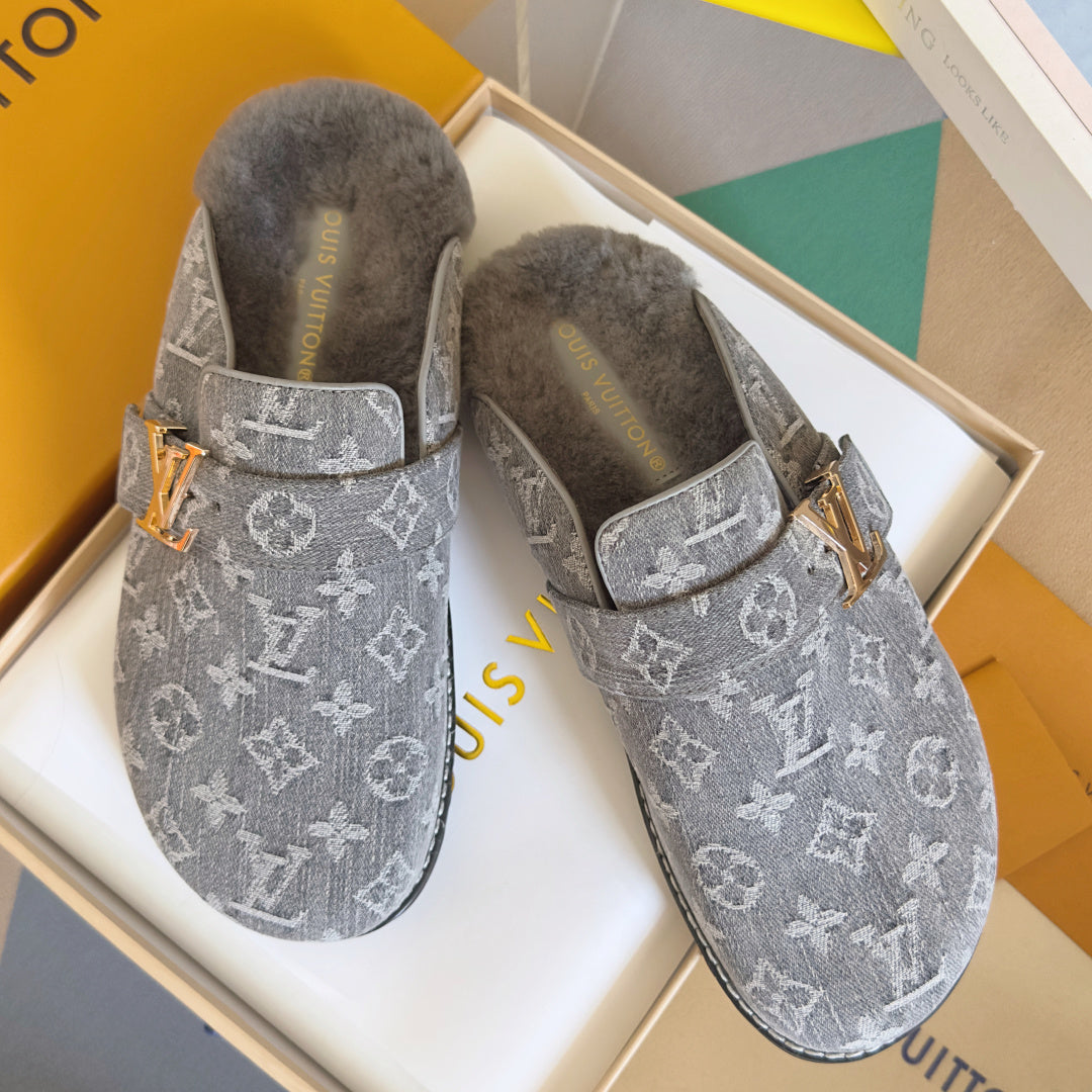 LV 25 Birkenstock Platform Slippers Gray Denim Wool 576214