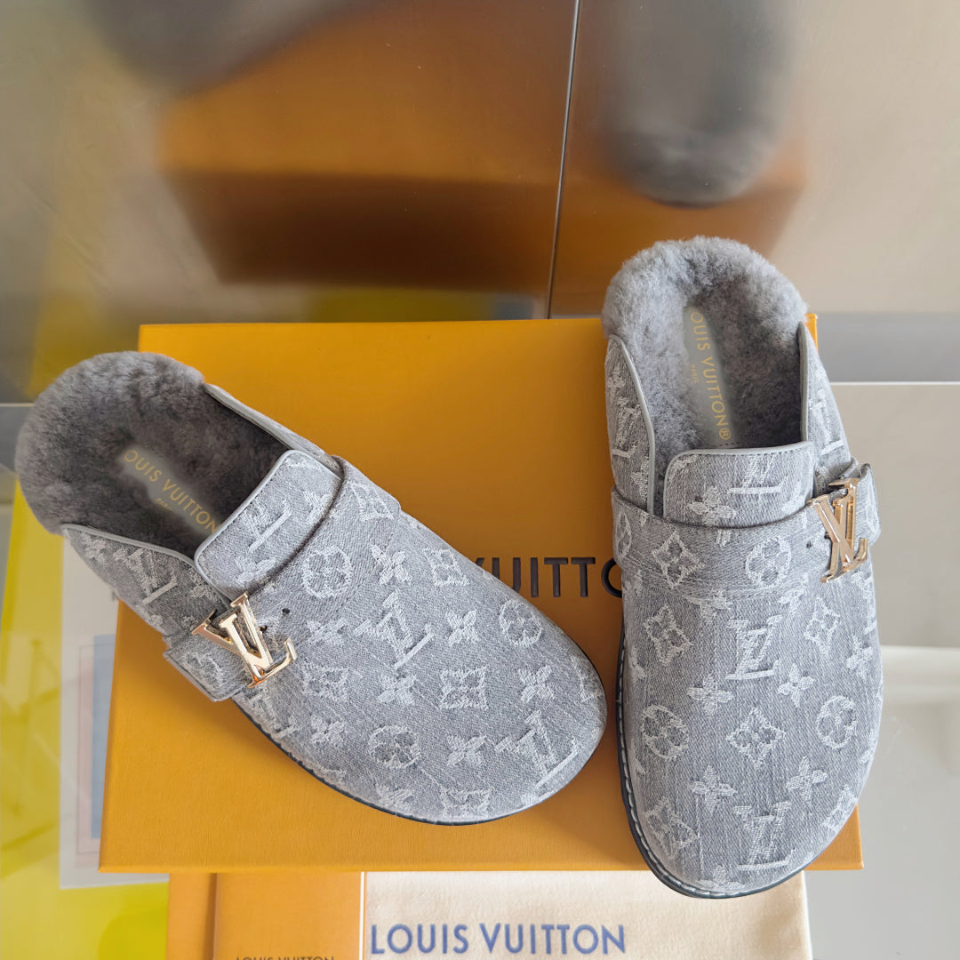 LV 25 Birkenstock Platform Slippers Gray Denim Wool 576214