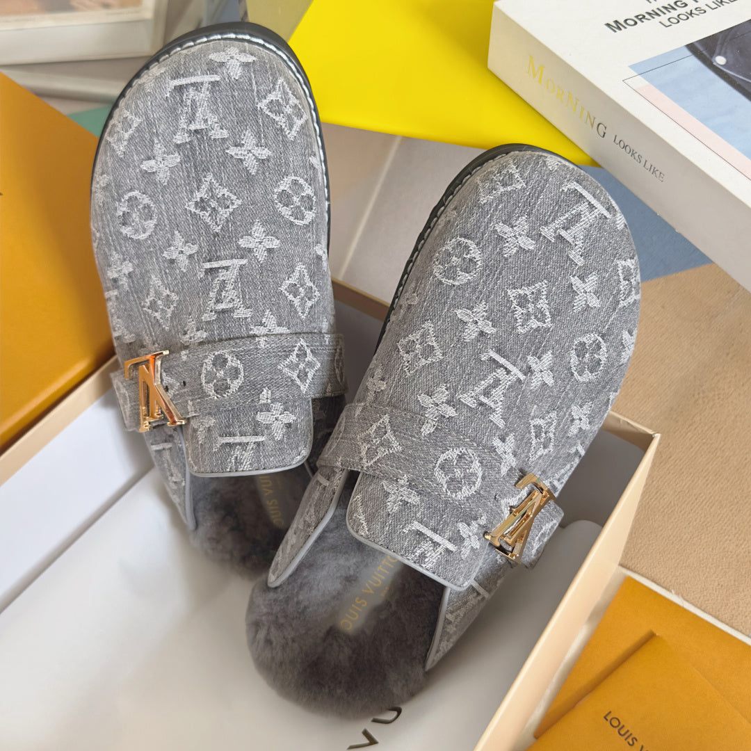 LV 25 Birkenstock Platform Slippers Gray Denim Wool 576214