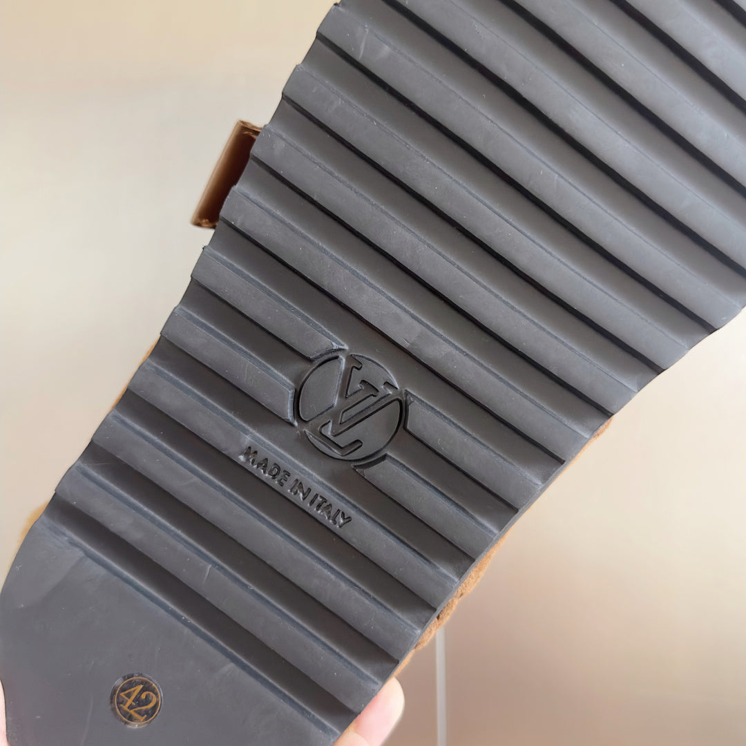 LV 25 Birkenstock Platform Slippers Brown Suede Wool 576215