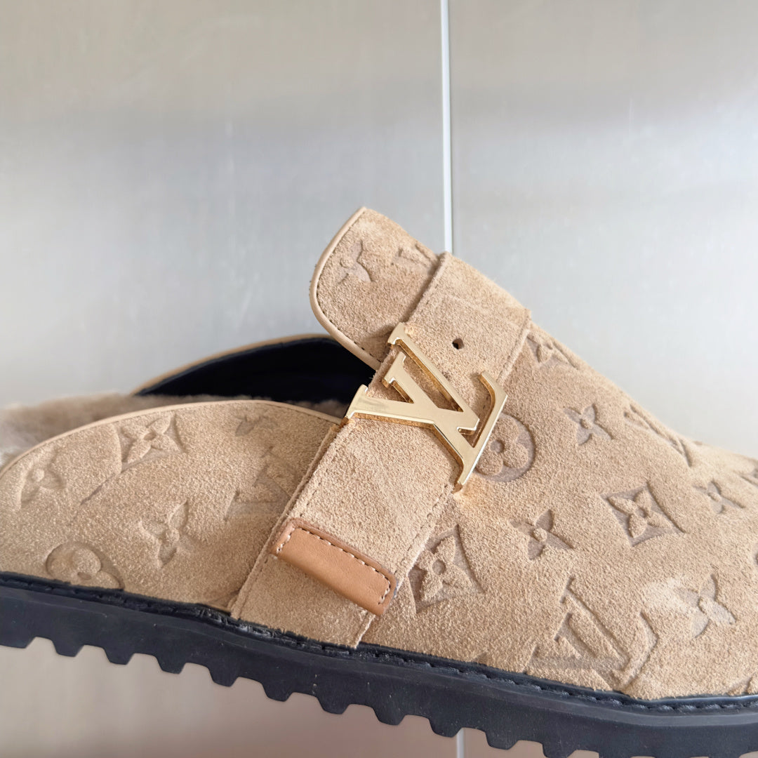 LV 25 Birkenstock Platform Slippers Beige Suede Wool 576216