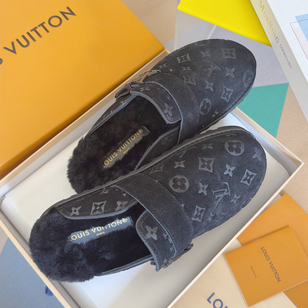 LV 25 Birkenstock Platform Slippers Navy Blue Suede Wool 576217