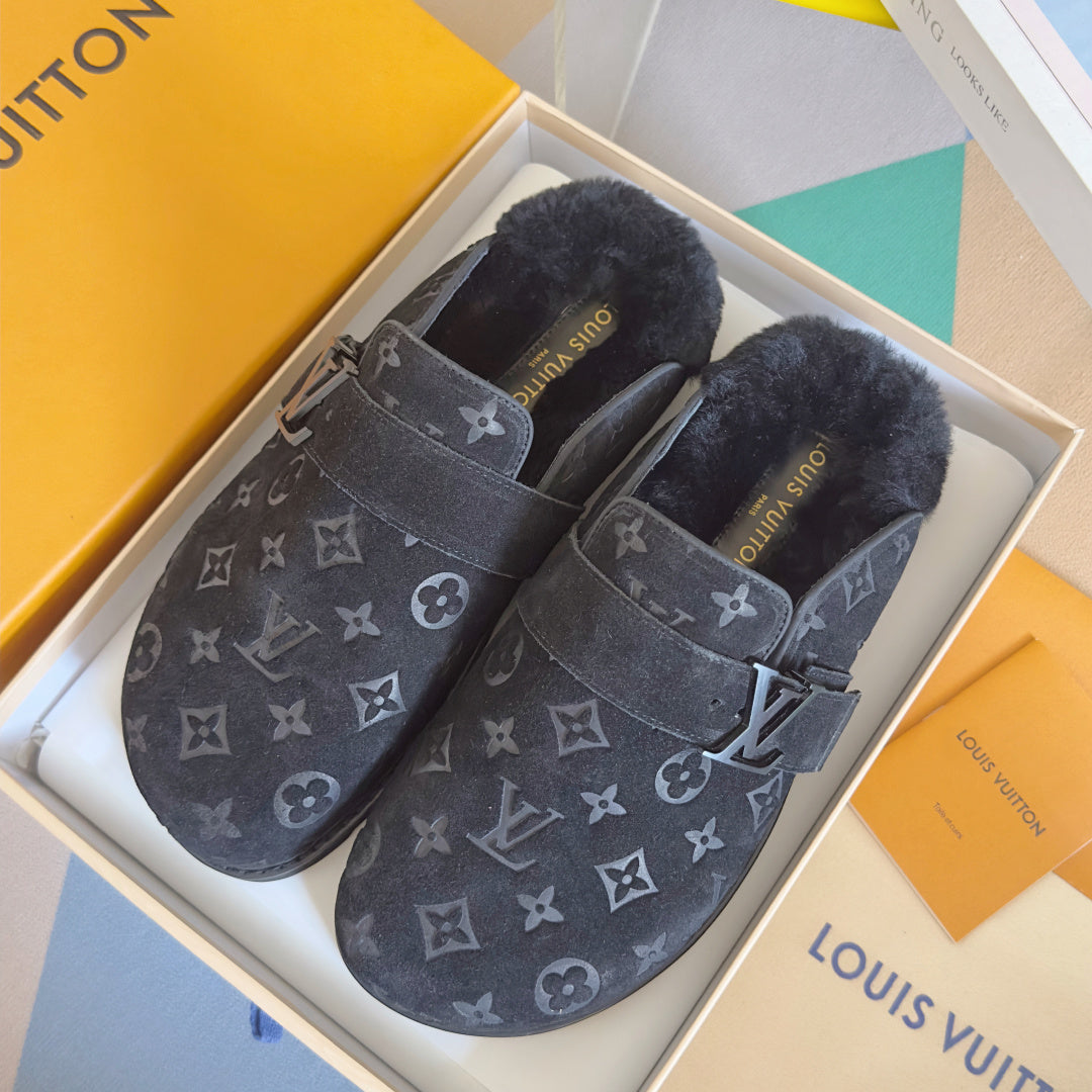 LV 25 Birkenstock Platform Slippers Navy Blue Suede Wool 576217