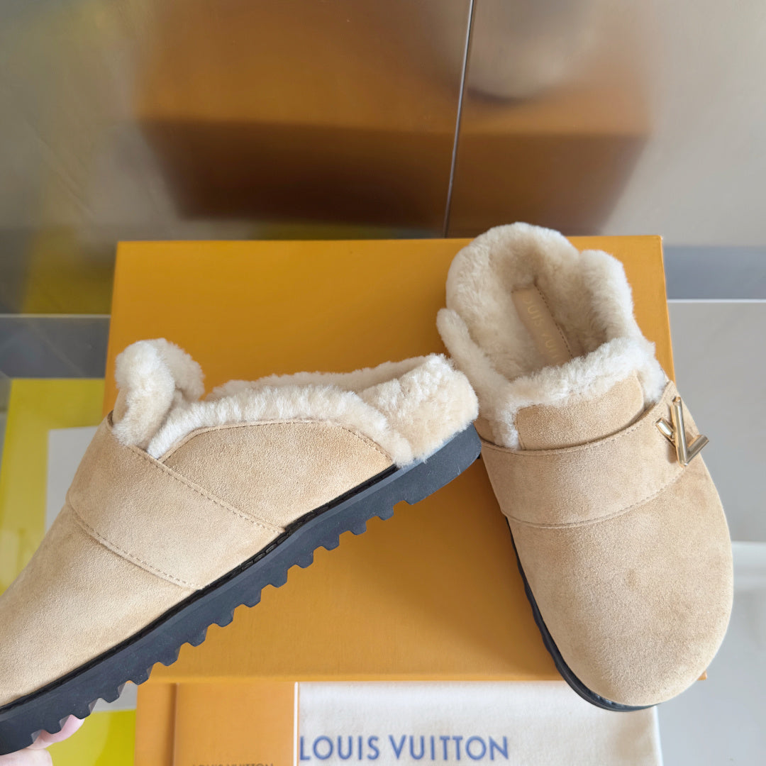 LV 25 Birkenstock Platform Slippers Light Beige Suede Wool 576218