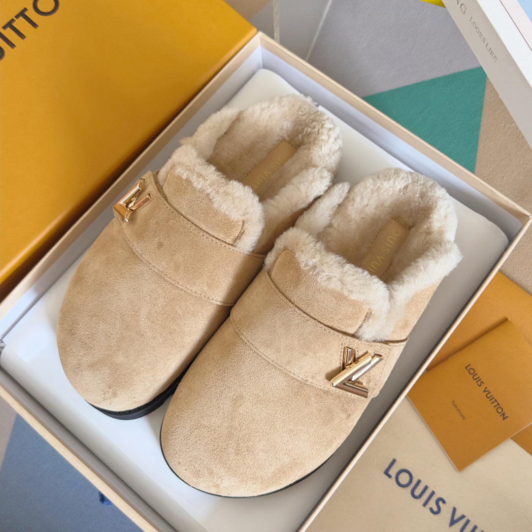 LV 25 Birkenstock Platform Slippers Light Beige Suede Wool 576218