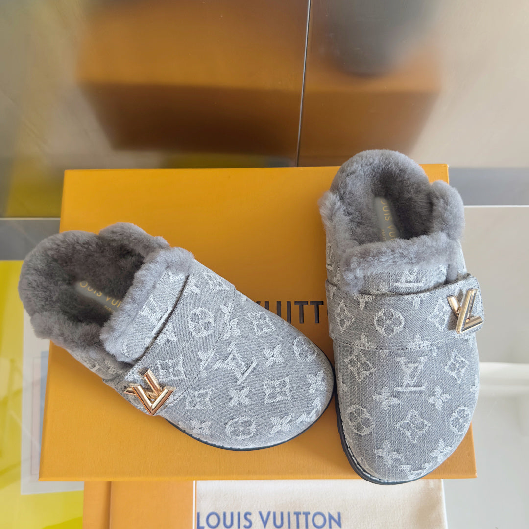 LV 25 Birkenstock Platform Slippers Gray Suede Wool 576219