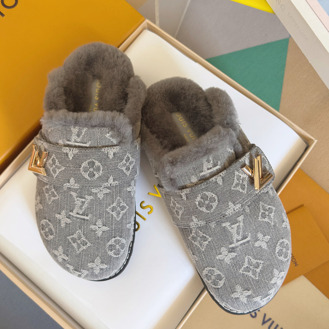 LV 25 Birkenstock Platform Slippers Gray Suede Wool 576219