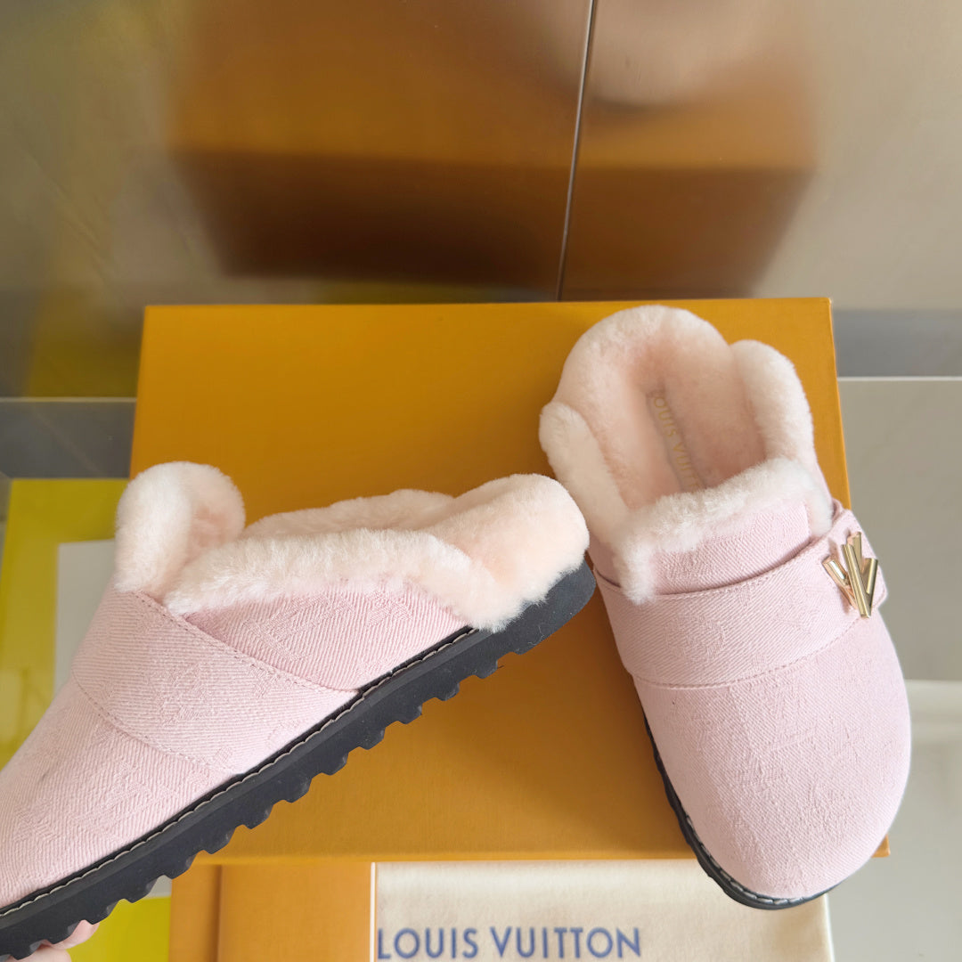 LV 25 Birkenstock Platform Slippers Light Pink Suede Wool 576220