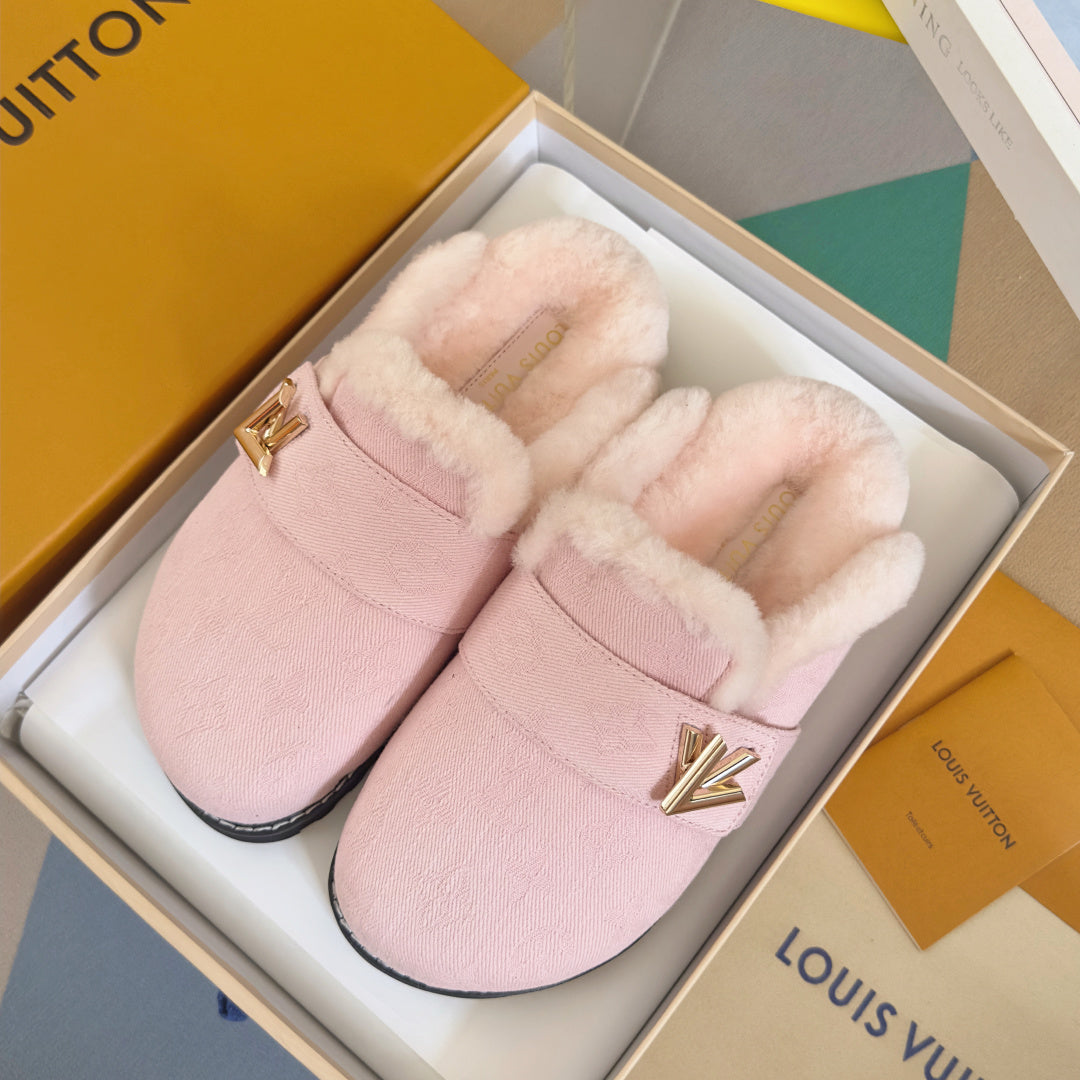 LV 25 Birkenstock Platform Slippers Light Pink Suede Wool 576220