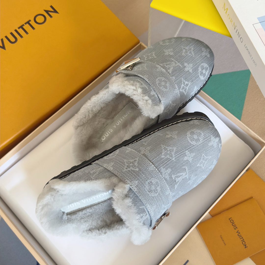 LV 25 Birkenstock Platform Slippers Light Gray Denim Wool 576221