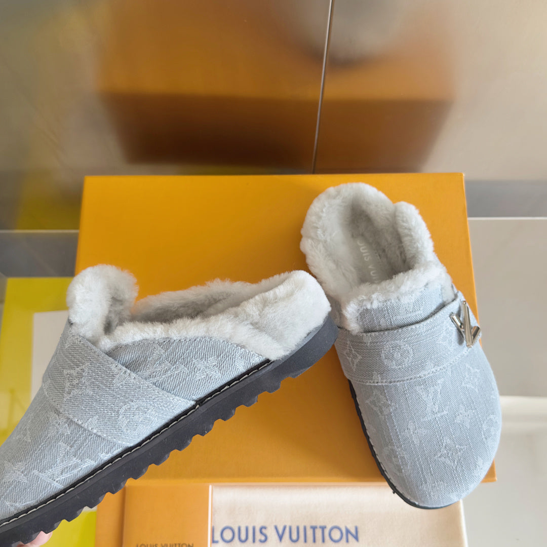 LV 25 Birkenstock Platform Slippers Light Gray Denim Wool 576221